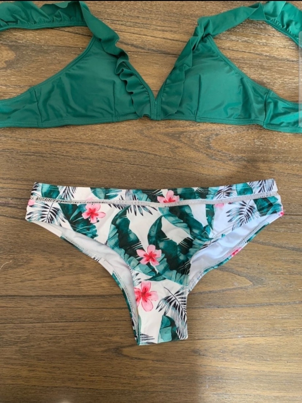 Green Ruffle Triangle Bikini Top with Tropical Print Bottom - Women Swim